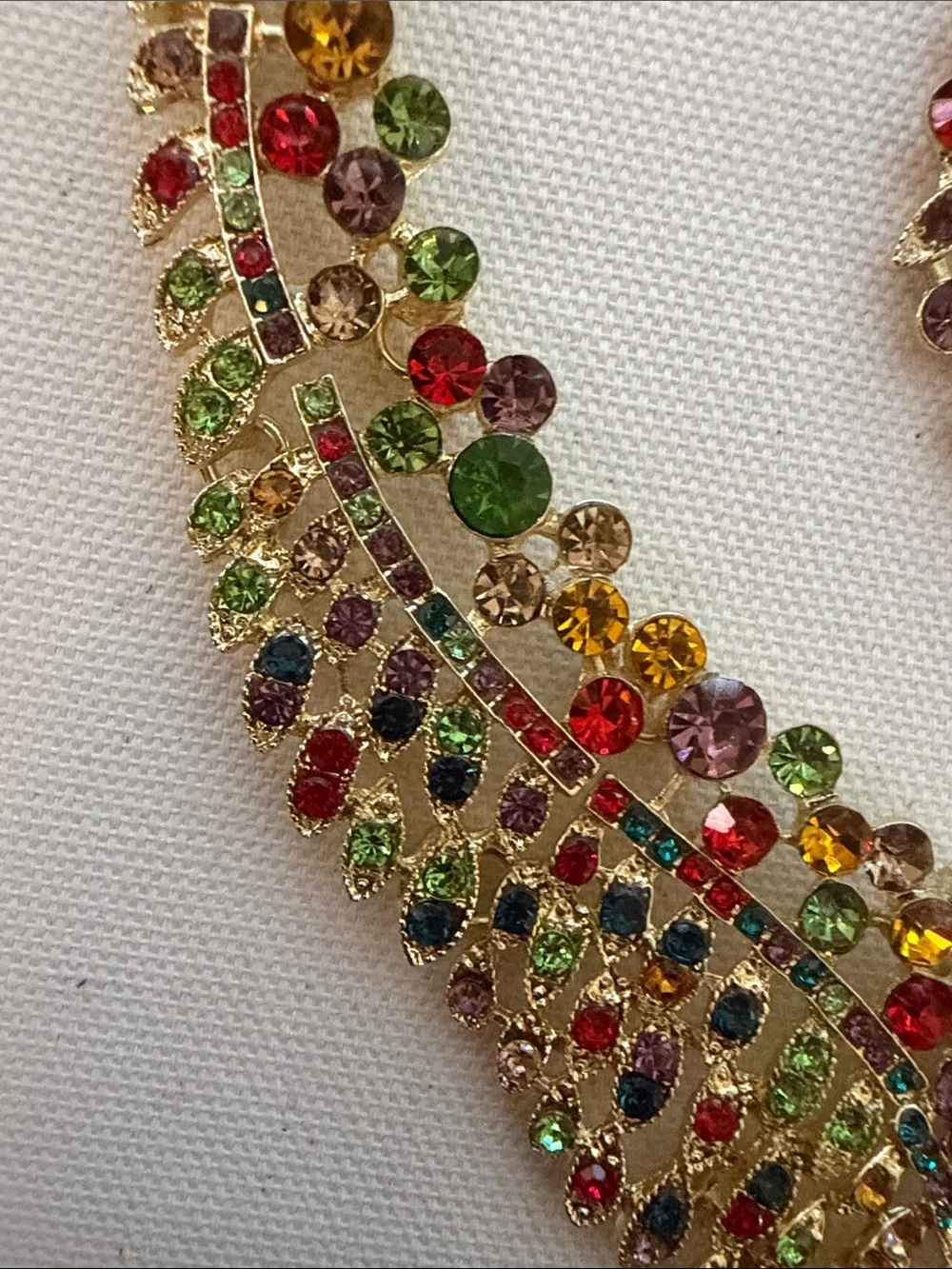 Gold Multicolor Crystal Bib Necklace and Drop Earring Set